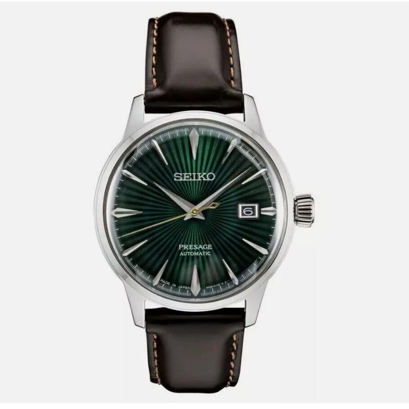 Seiko Mens Presage Green Dial Brown Leather Strap Watch - SRPD37 Image 1