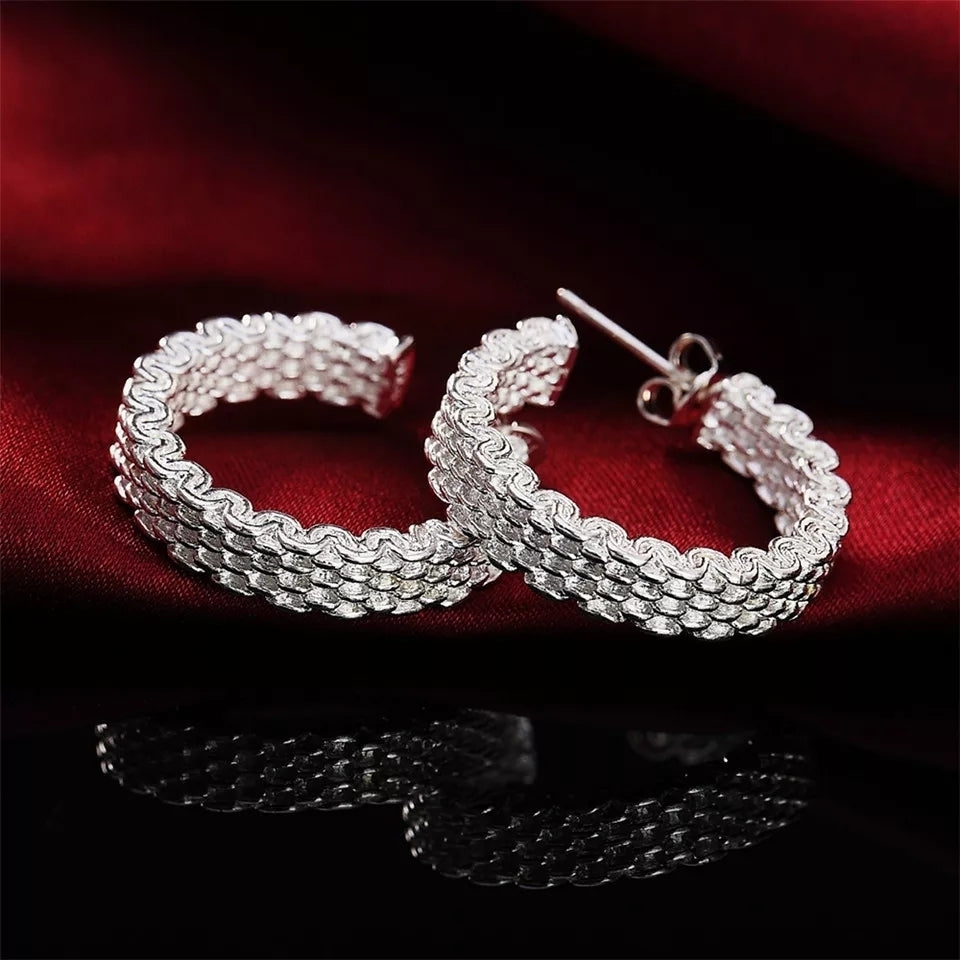 925 Sterling Silver Mesh Hoop Earrings Image 2