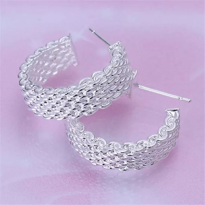 925 Sterling Silver Mesh Hoop Earrings Image 3