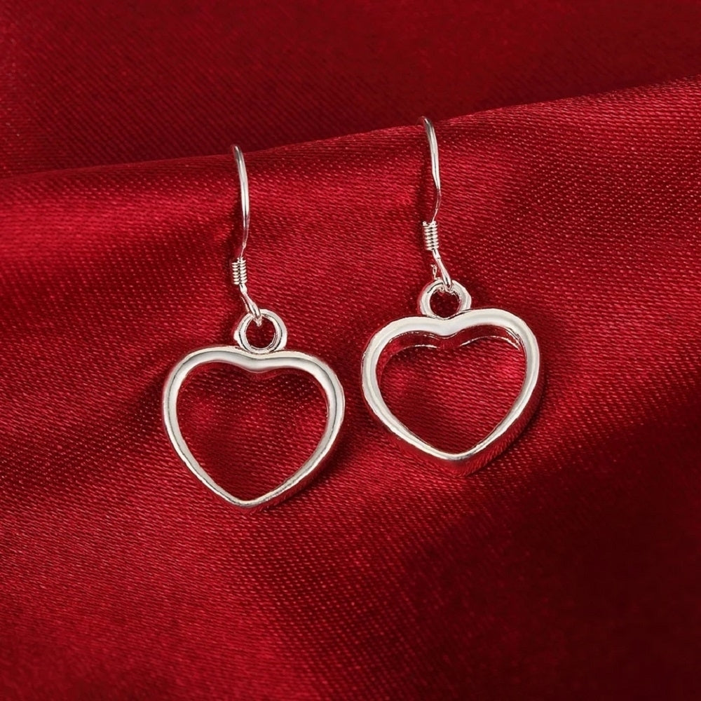 925 Sterling Silver Hollow Open Heart Drop Dangle Earrings Image 2