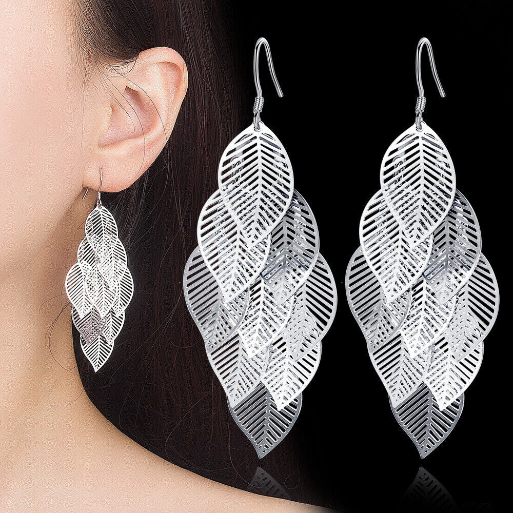 925 Sterling Silver Leaf Dangle Drop Earrings Image 2