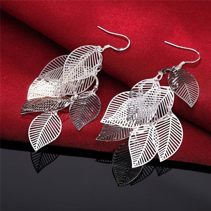 925 Sterling Silver Leaf Dangle Drop Earrings Image 3