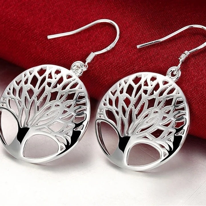 925 Sterling Silver Tree Of Life Dangle Drop Earrings Image 2