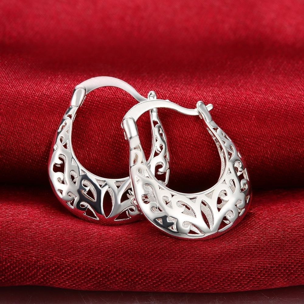 925 Sterling Silver Filigree Oval French Hoop Earrings Image 2