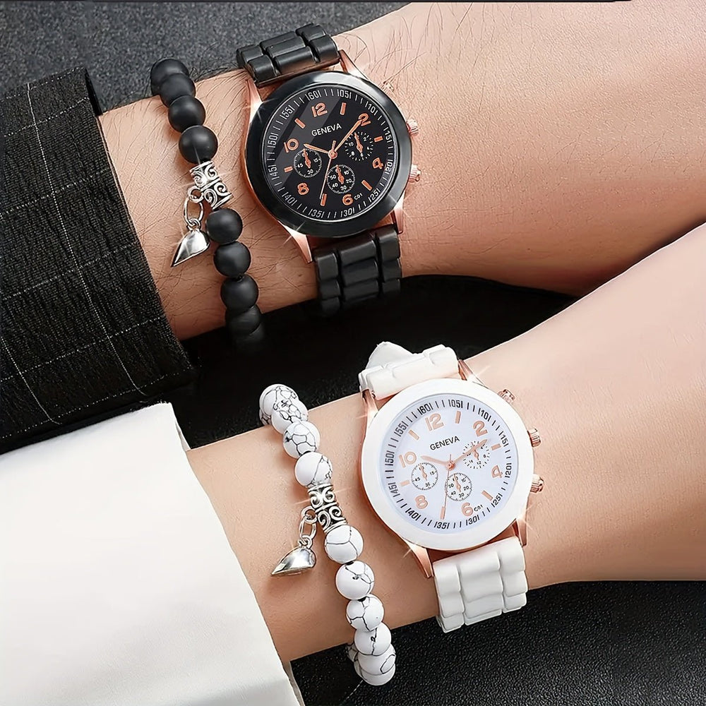 4 Pcs Couples Quartz Watches Silicone Strap Zinc Alloy Pointer Zinc Alloy Dial And Bracelet Jewelry For Women Men Image 2