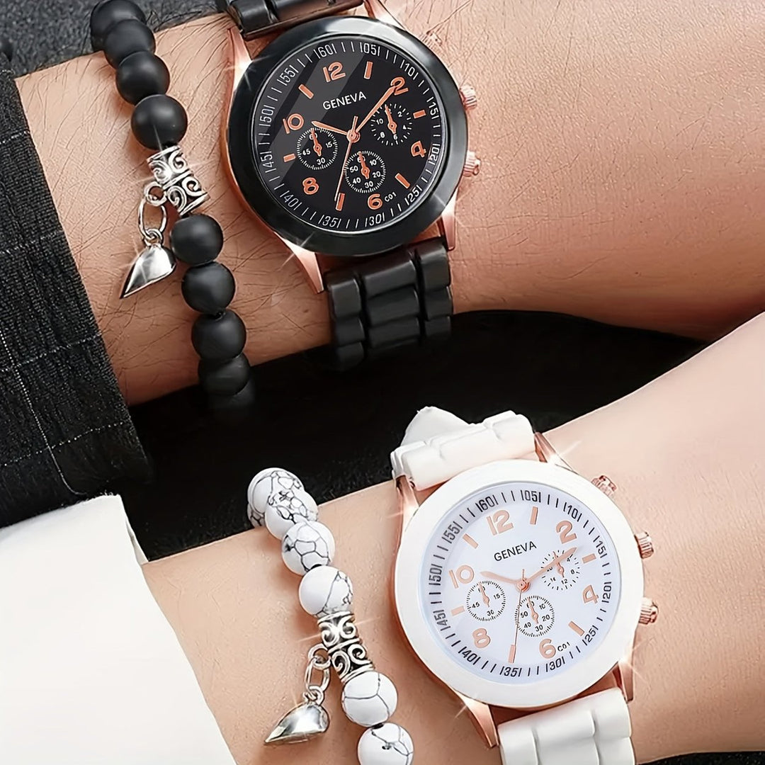 4 Pcs Couples Quartz Watches Silicone Strap Zinc Alloy Pointer Zinc Alloy Dial And Bracelet Jewelry For Women Men Image 4