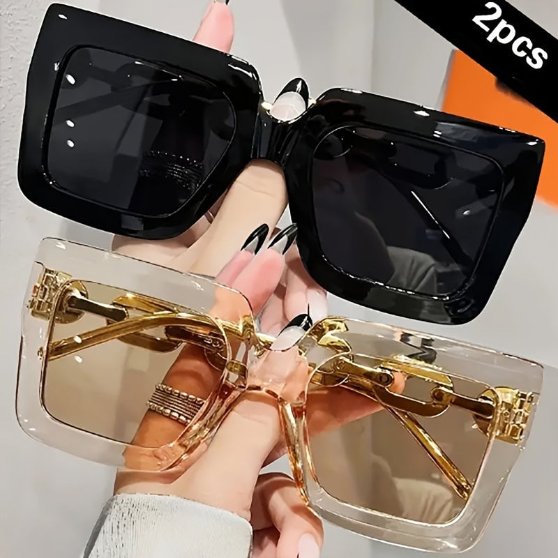 2pcs Luxury Oversized Fashion Glasses For Women Large Frame Square Fashion Shades Anti Glare Glasses For Beach Party Image 1