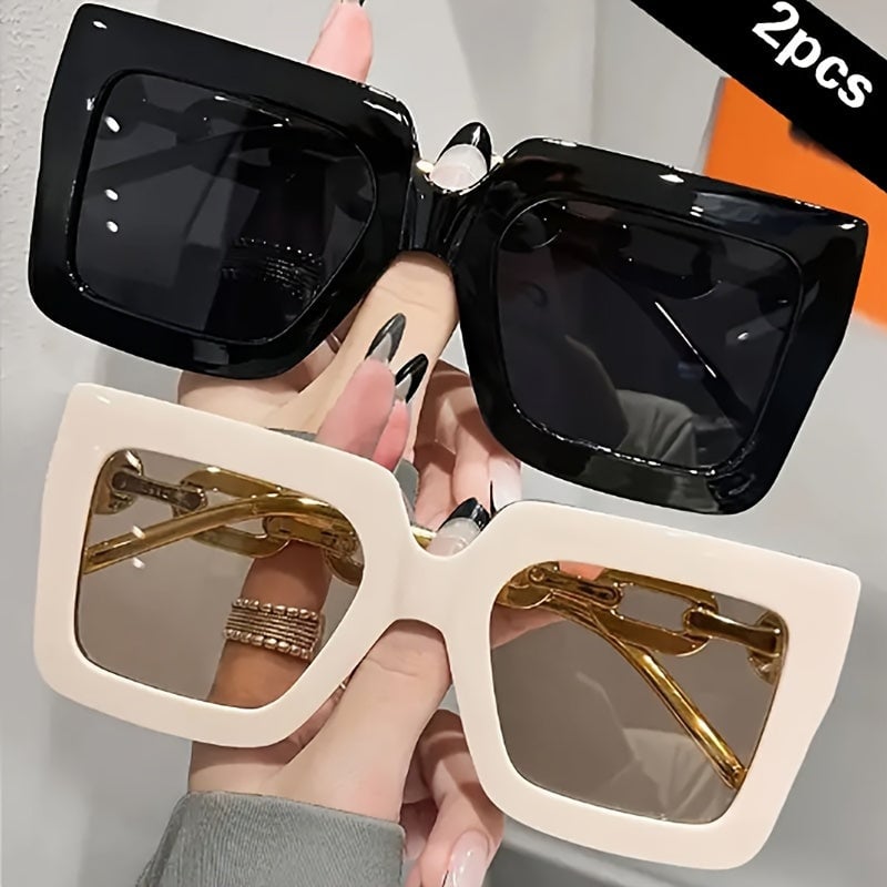 2pcs Luxury Oversized Fashion Glasses For Women Large Frame Square Fashion Shades Anti Glare Glasses For Beach Party Image 3