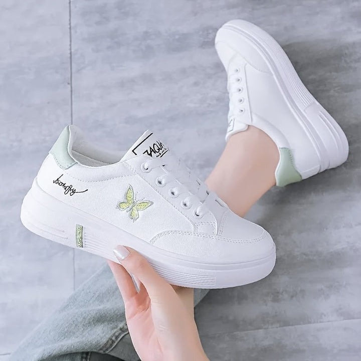 Womens Butterfly Print Casual Sneakers Lace Up Platform Soft Sole Walking Skate Shoes Low-top Comfort White Trainers Image 1