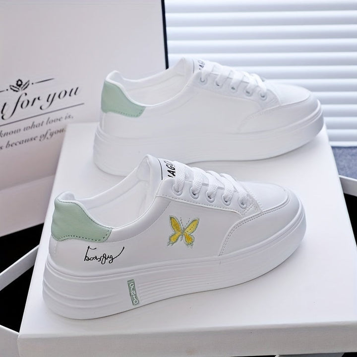 Womens Butterfly Print Casual Sneakers Lace Up Platform Soft Sole Walking Skate Shoes Low-top Comfort White Trainers Image 1