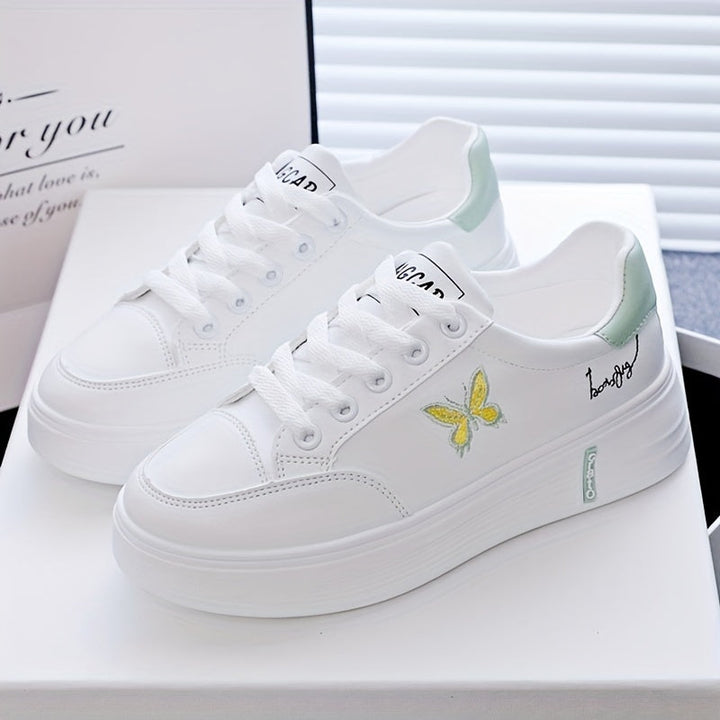 Womens Butterfly Print Casual Sneakers Lace Up Platform Soft Sole Walking Skate Shoes Low-top Comfort White Trainers Image 3