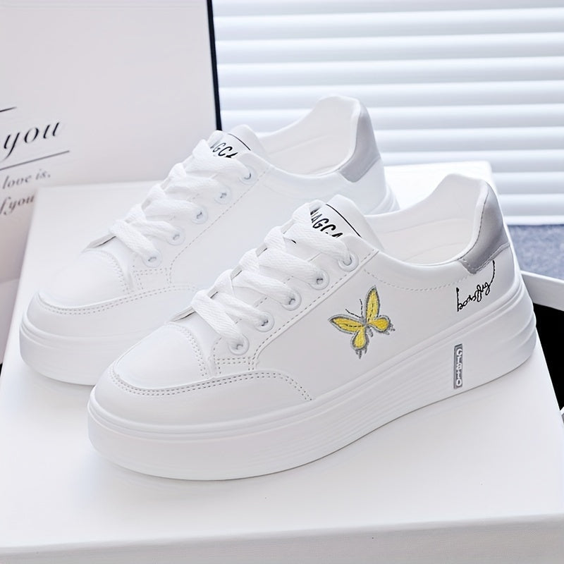 Womens Butterfly Print Casual Sneakers Lace Up Platform Soft Sole Walking Skate Shoes Low-top Comfort White Trainers Image 6