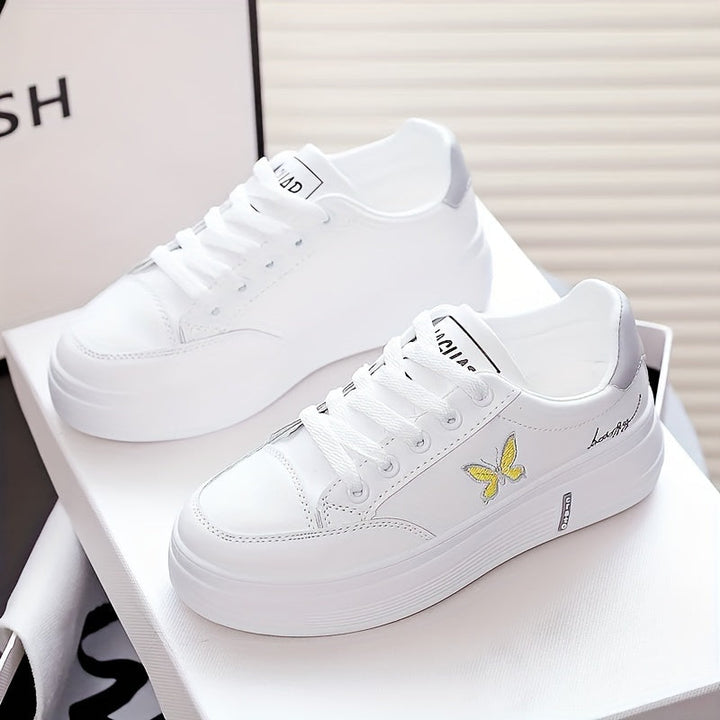 Womens Butterfly Print Casual Sneakers Lace Up Platform Soft Sole Walking Skate Shoes Low-top Comfort White Trainers Image 8