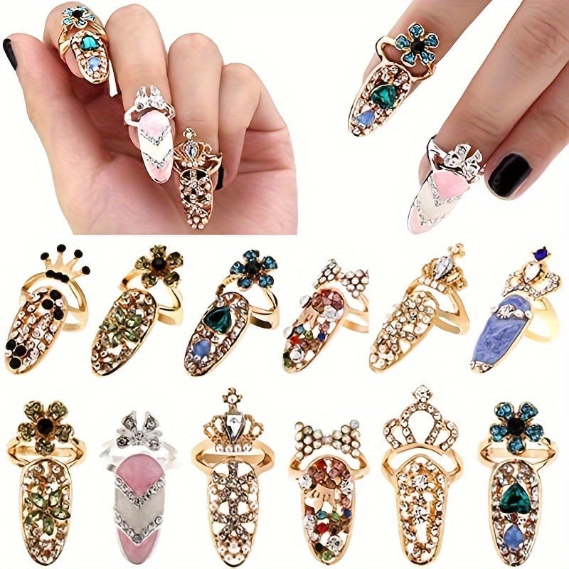 12 Noble luxury womens nail rings decorated with tip nail art Charm Crown flower crystal Rhinestone nail rings Image 1