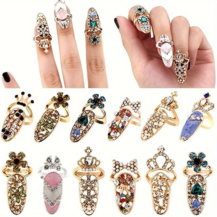 12 Noble luxury womens nail rings decorated with tip nail art Charm Crown flower crystal Rhinestone nail rings Image 2