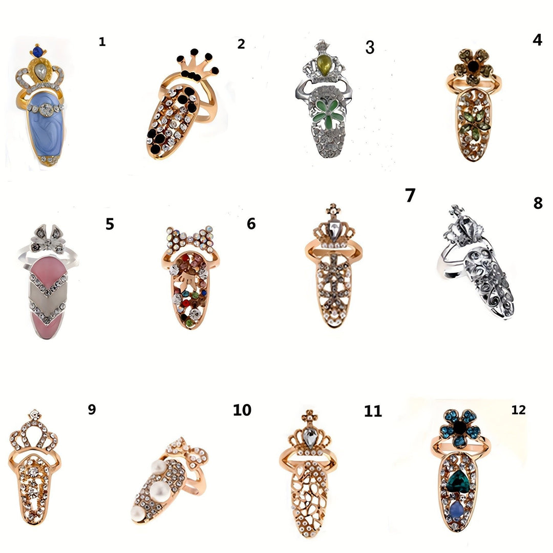 12 Noble luxury womens nail rings decorated with tip nail art Charm Crown flower crystal Rhinestone nail rings Image 3