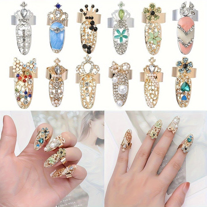 12 Noble luxury womens nail rings decorated with tip nail art Charm Crown flower crystal Rhinestone nail rings Image 4