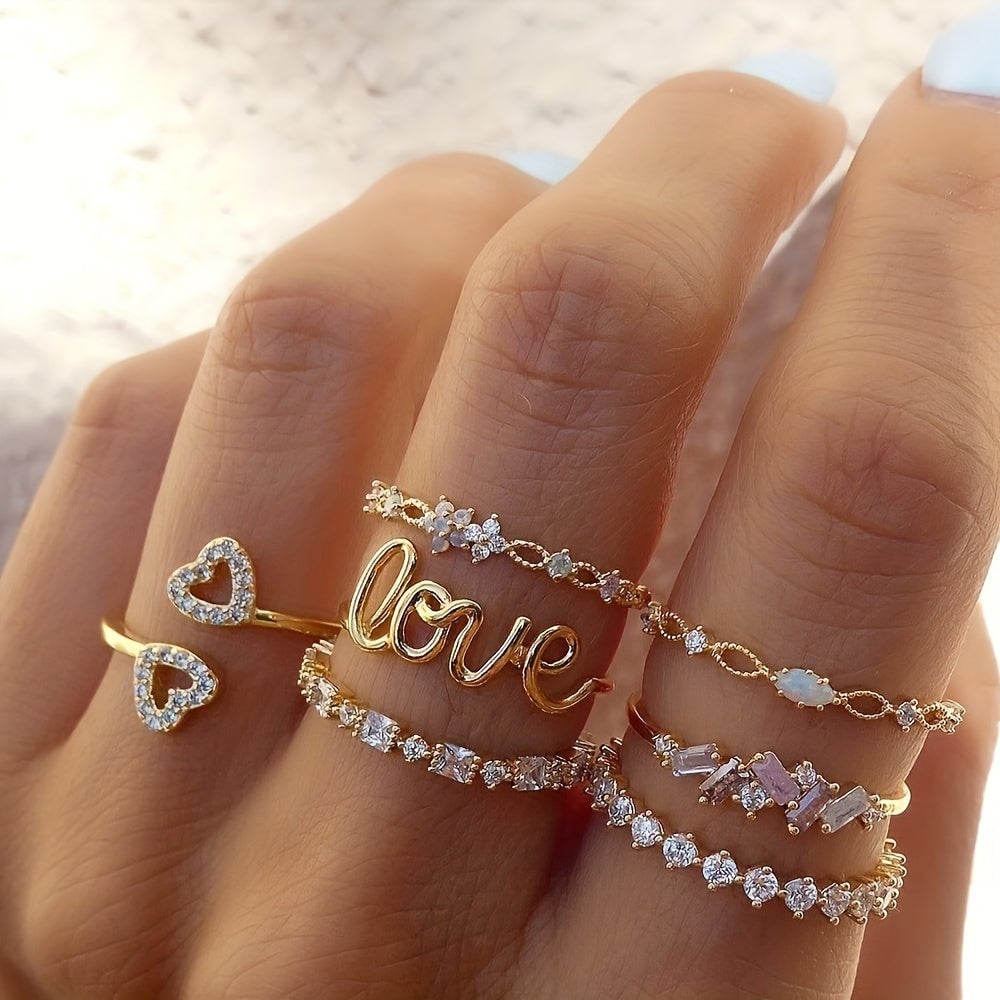 7pcs Retro Boho Rings Set Crystal Pearl Butterfly Golden Rings For Women Jewelry Set Image 1