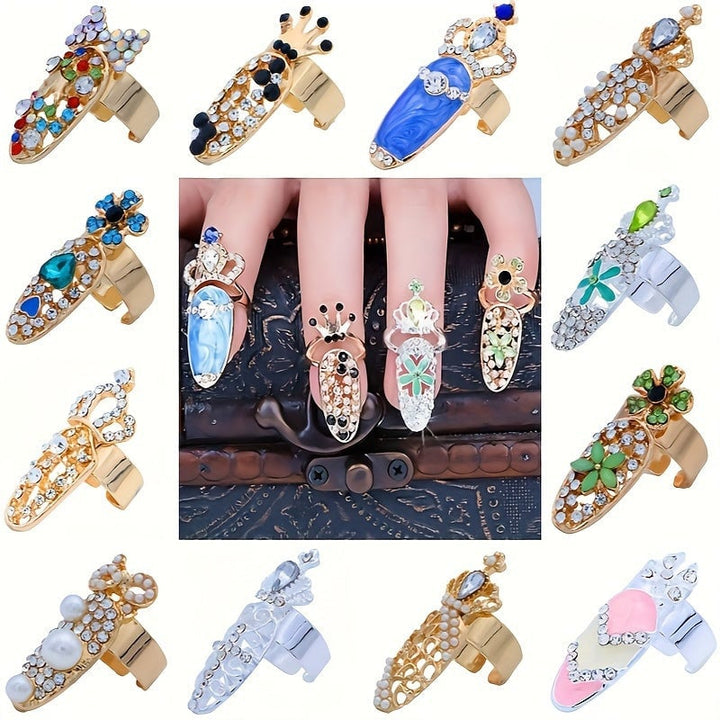 12 Noble luxury womens nail rings decorated with tip nail art Charm Crown flower crystal Rhinestone nail rings Image 8