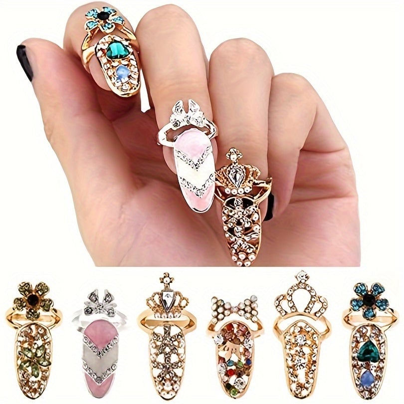 12 Noble luxury womens nail rings decorated with tip nail art Charm Crown flower crystal Rhinestone nail rings Image 9