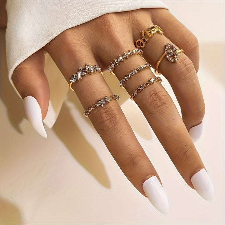 7pcs Retro Boho Rings Set Crystal Pearl Butterfly Golden Rings For Women Jewelry Set Image 4