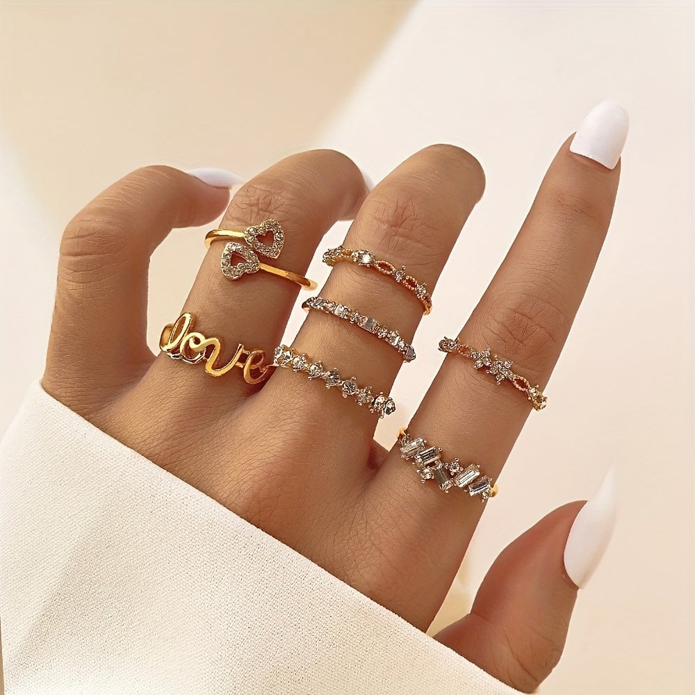 7pcs Retro Boho Rings Set Crystal Pearl Butterfly Golden Rings For Women Jewelry Set Image 6