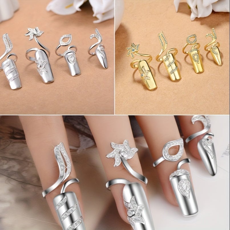 8PCS Women Fingernail Rings Rhinestones Finger Tip Rings Silver Opening Ring Nail Decoration Nail Protecting Fingernail Image 1