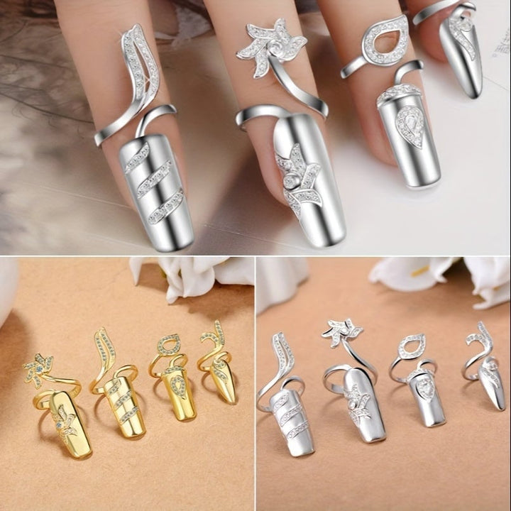 8PCS Women Fingernail Rings Rhinestones Finger Tip Rings Silver Opening Ring Nail Decoration Nail Protecting Fingernail Image 2