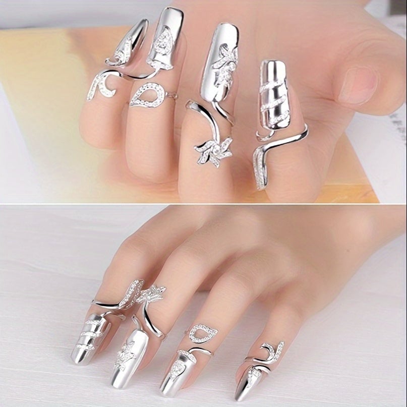 8PCS Women Fingernail Rings Rhinestones Finger Tip Rings Silver Opening Ring Nail Decoration Nail Protecting Fingernail Image 3