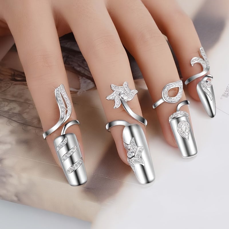 8PCS Women Fingernail Rings Rhinestones Finger Tip Rings Silver Opening Ring Nail Decoration Nail Protecting Fingernail Image 4