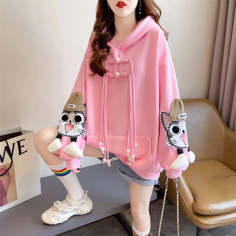 Cute Cat Hoodies Women Fashion Loose Sweatshirts Autumn Winter Female Casual Embroidery Hooded Long Sleeve Tops Image 1