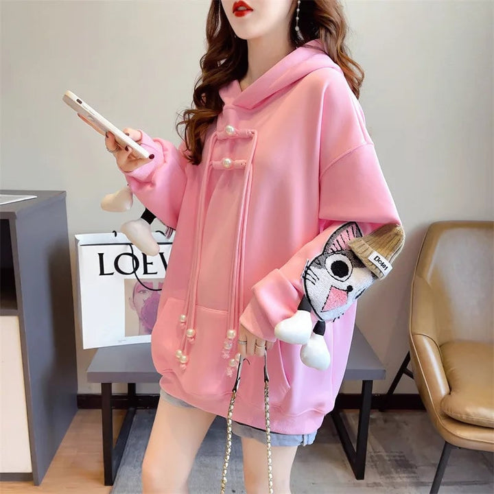 Cute Cat Hoodies Women Fashion Loose Sweatshirts Autumn Winter Female Casual Embroidery Hooded Long Sleeve Tops Image 2