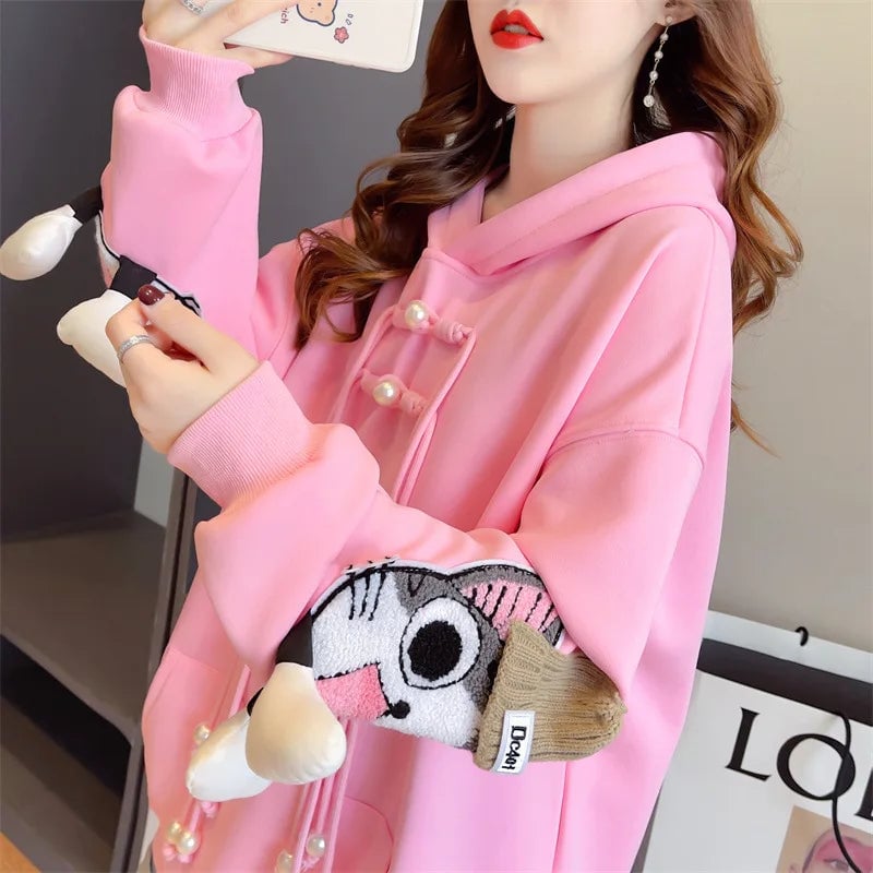 Cute Cat Hoodies Women Fashion Loose Sweatshirts Autumn Winter Female Casual Embroidery Hooded Long Sleeve Tops Image 3