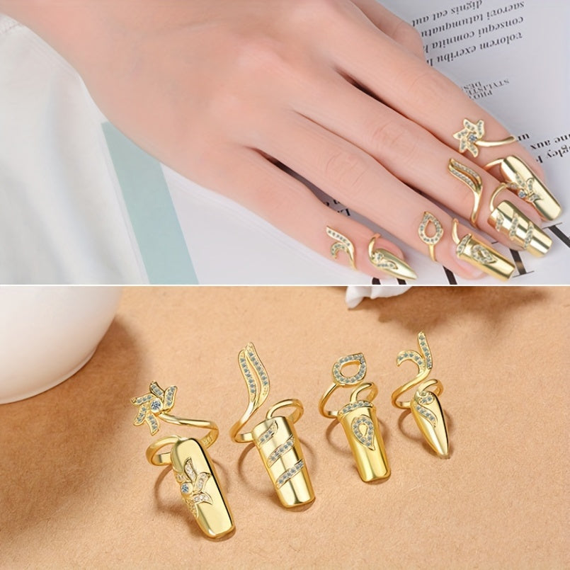 8PCS Women Fingernail Rings Rhinestones Finger Tip Rings Silver Opening Ring Nail Decoration Nail Protecting Fingernail Image 4