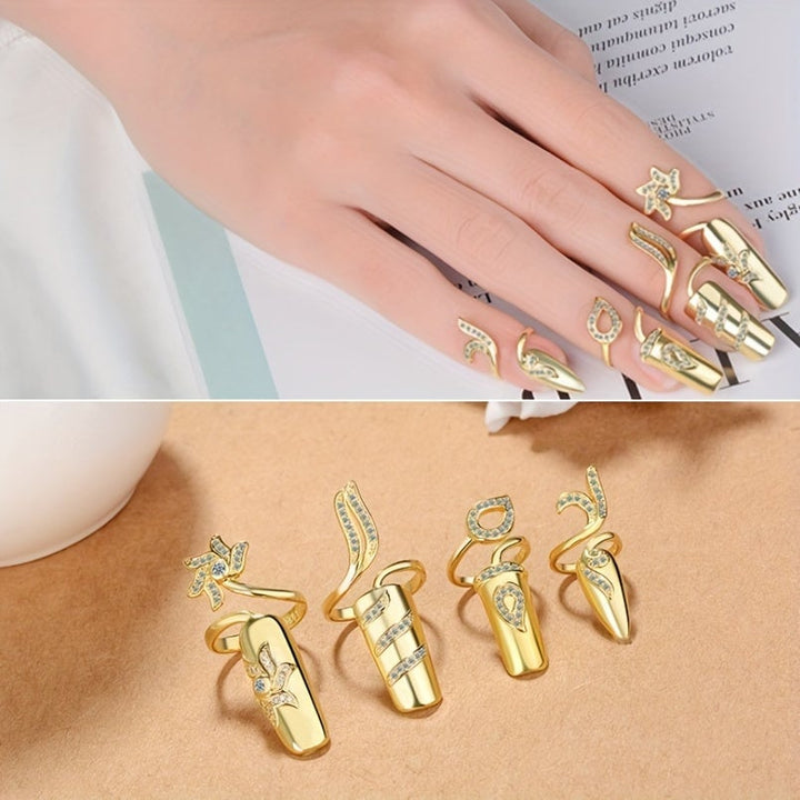 8PCS Women Fingernail Rings Rhinestones Finger Tip Rings Silver Opening Ring Nail Decoration Nail Protecting Fingernail Image 1