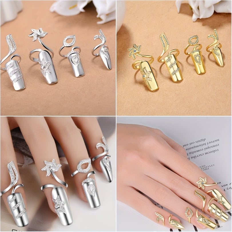 8PCS Women Fingernail Rings Rhinestones Finger Tip Rings Silver Opening Ring Nail Decoration Nail Protecting Fingernail Image 7