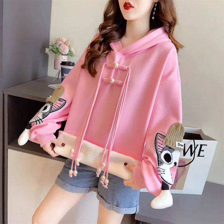 Cute Cat Hoodies Women Fashion Loose Sweatshirts Autumn Winter Female Casual Embroidery Hooded Long Sleeve Tops Image 4