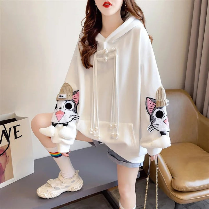 Cute Cat Hoodies Women Fashion Loose Sweatshirts Autumn Winter Female Casual Embroidery Hooded Long Sleeve Tops Image 4