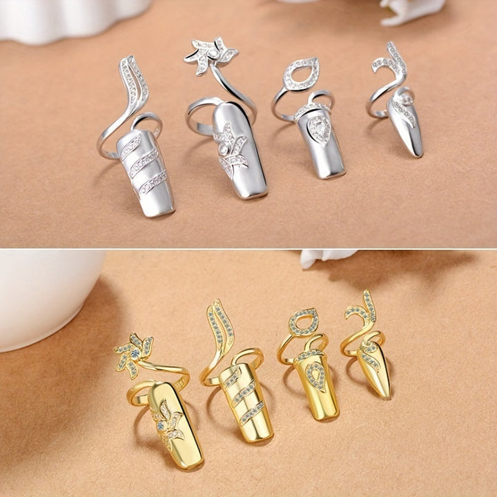 8PCS Women Fingernail Rings Rhinestones Finger Tip Rings Silver Opening Ring Nail Decoration Nail Protecting Fingernail Image 10