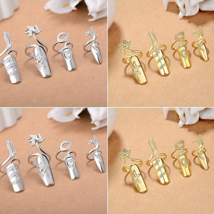 8PCS Women Fingernail Rings Rhinestones Finger Tip Rings Silver Opening Ring Nail Decoration Nail Protecting Fingernail Image 11