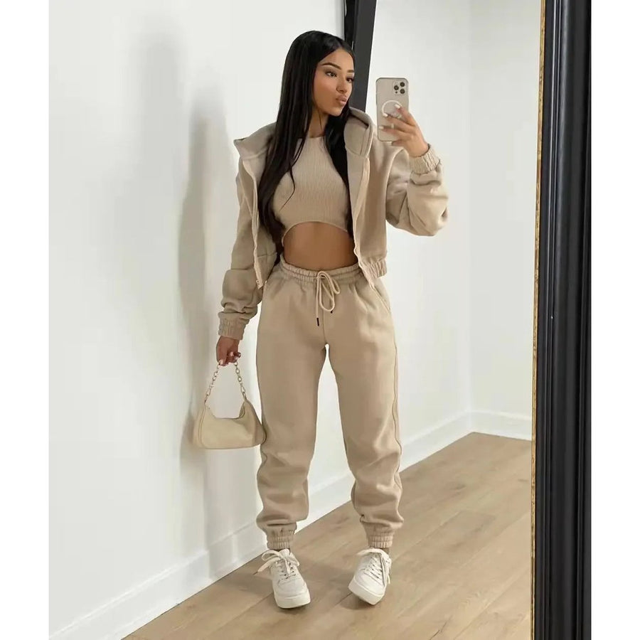 3pcs Womens Clothing Set Fleece-lined Hooded Sweater andSleeveless Tank Top and Sports Sweatpants Pants Image 1