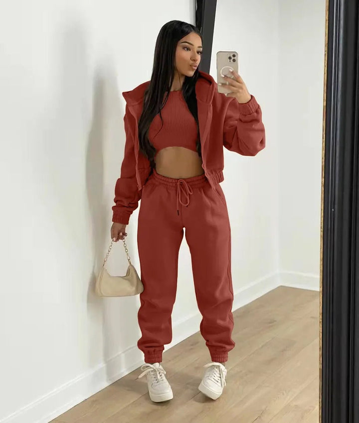 3pcs Womens Clothing Set Fleece-lined Hooded Sweater andSleeveless Tank Top and Sports Sweatpants Pants Image 2