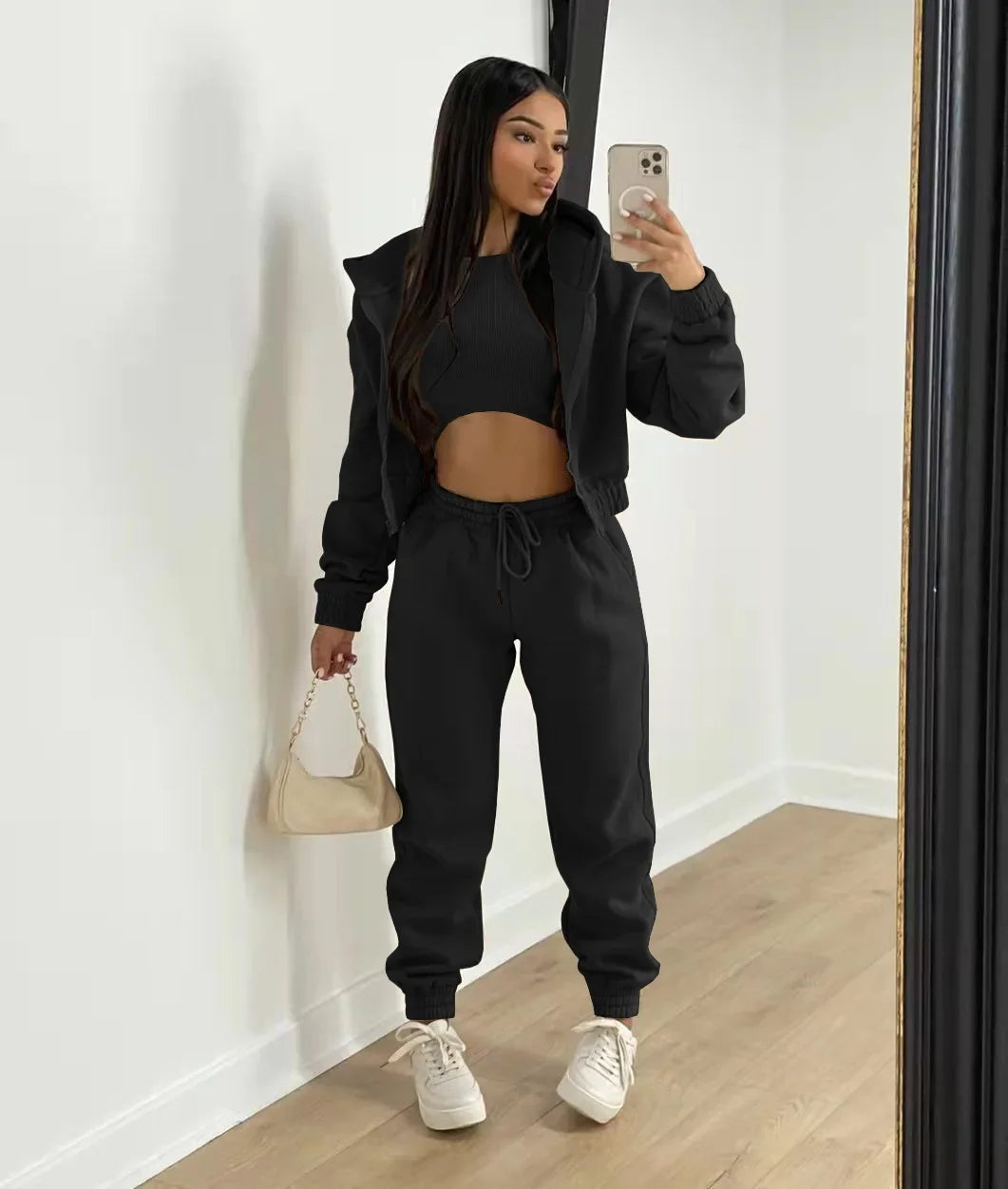 3pcs Womens Clothing Set Fleece-lined Hooded Sweater andSleeveless Tank Top and Sports Sweatpants Pants Image 3