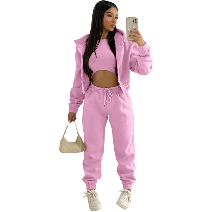 3pcs Womens Clothing Set Fleece-lined Hooded Sweater andSleeveless Tank Top and Sports Sweatpants Pants Image 4