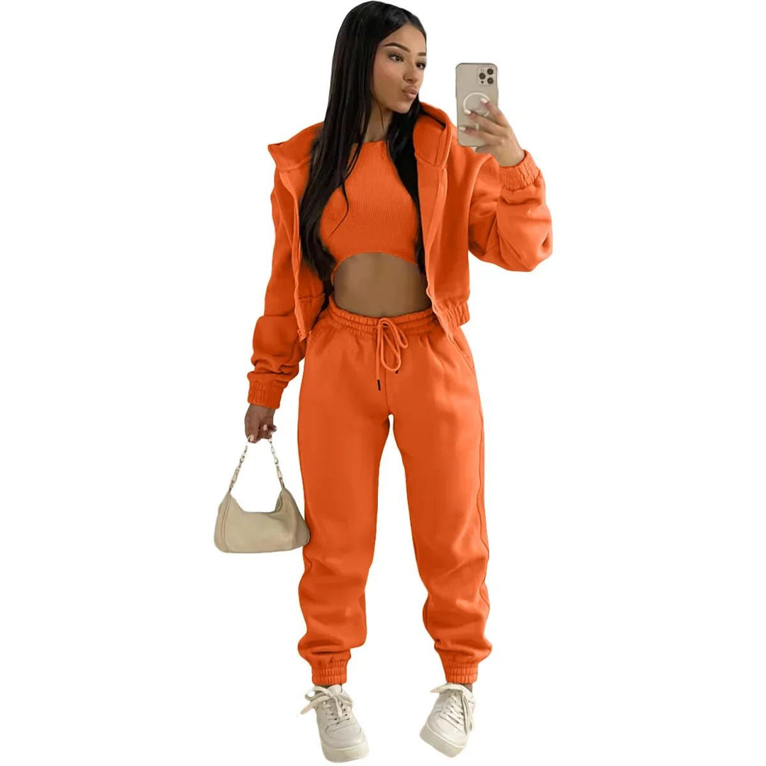 3pcs Womens Clothing Set Fleece-lined Hooded Sweater andSleeveless Tank Top and Sports Sweatpants Pants Image 1