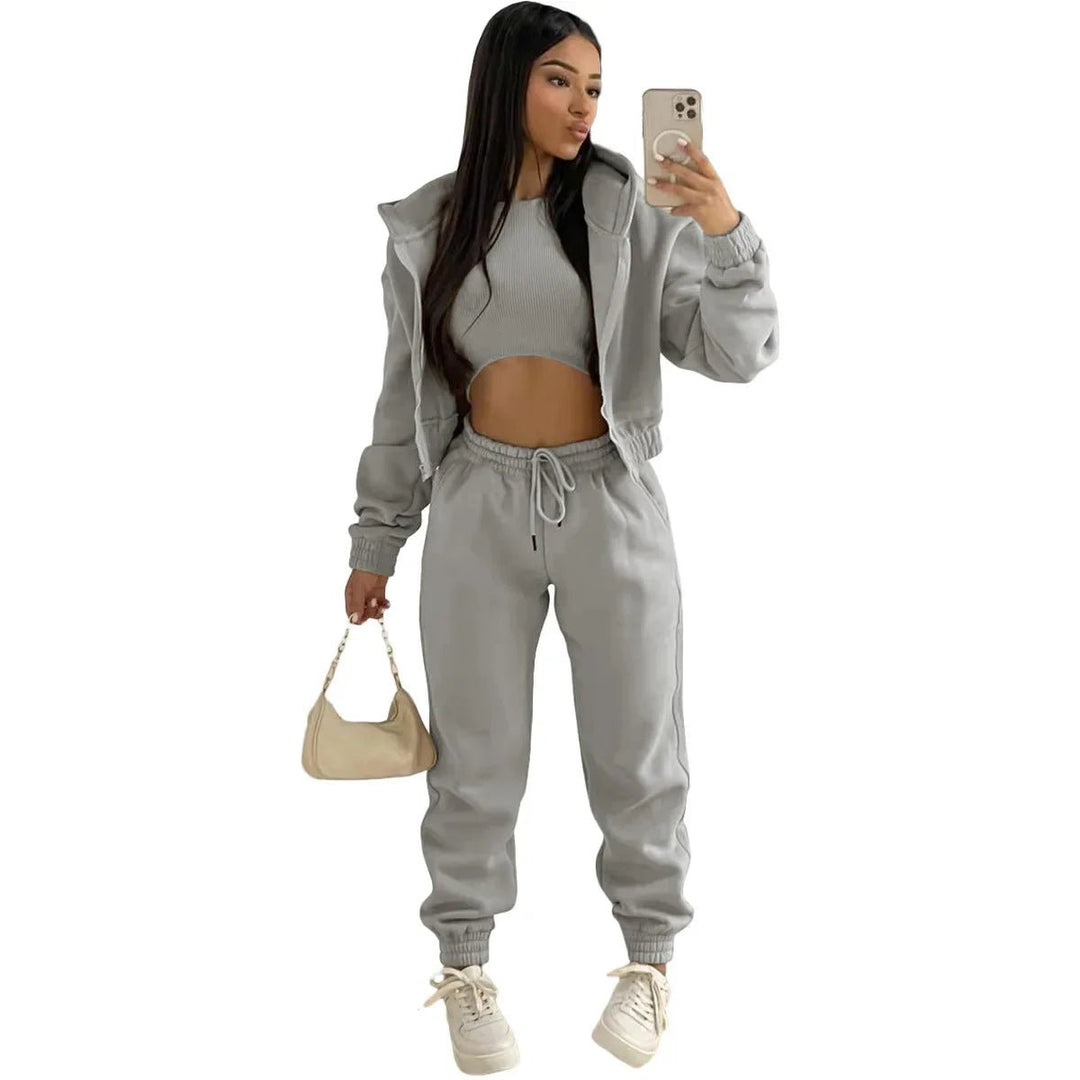 3pcs Womens Clothing Set Fleece-lined Hooded Sweater andSleeveless Tank Top and Sports Sweatpants Pants Image 7