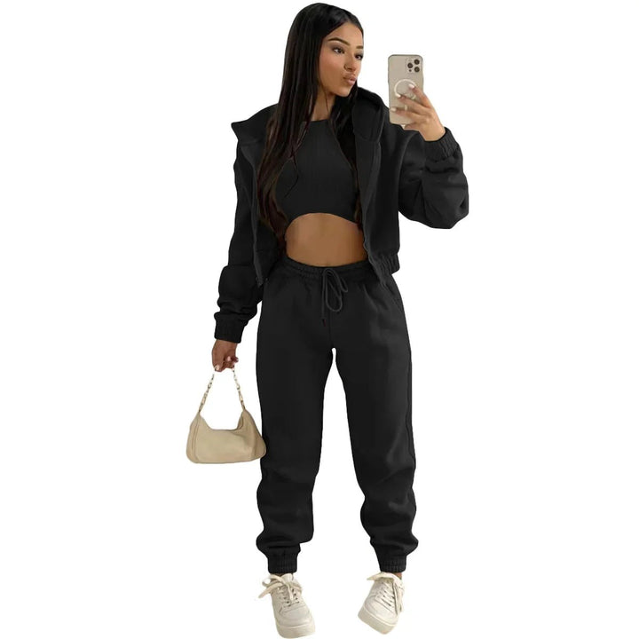 3pcs Womens Clothing Set Fleece-lined Hooded Sweater andSleeveless Tank Top and Sports Sweatpants Pants Image 8