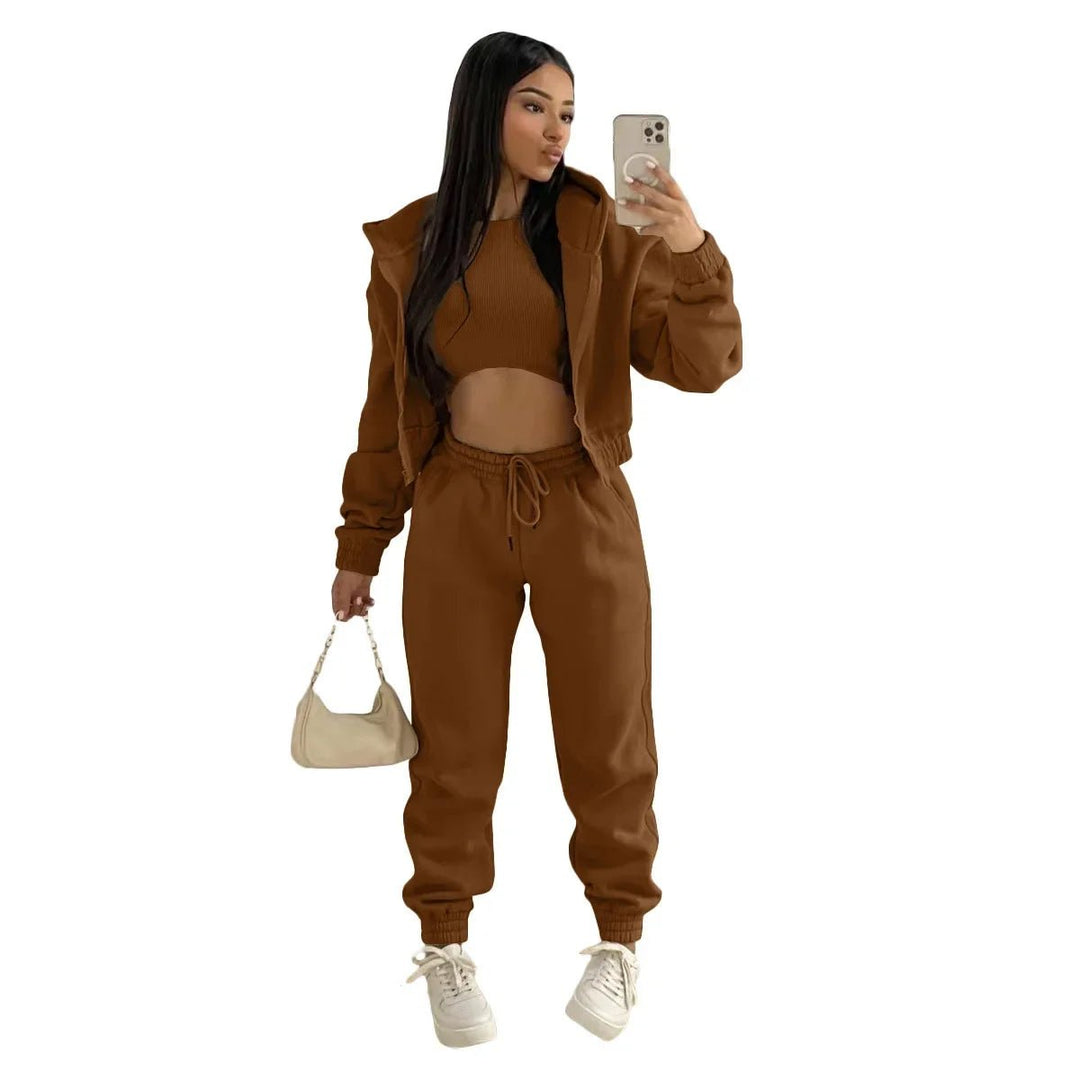 3pcs Womens Clothing Set Fleece-lined Hooded Sweater andSleeveless Tank Top and Sports Sweatpants Pants Image 1