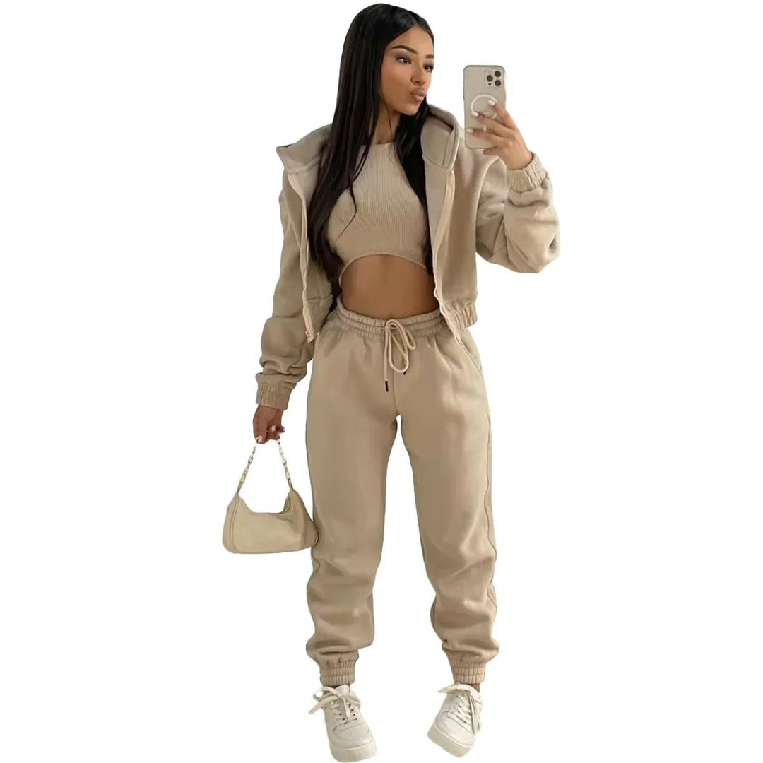 3pcs Womens Clothing Set Fleece-lined Hooded Sweater andSleeveless Tank Top and Sports Sweatpants Pants Image 10