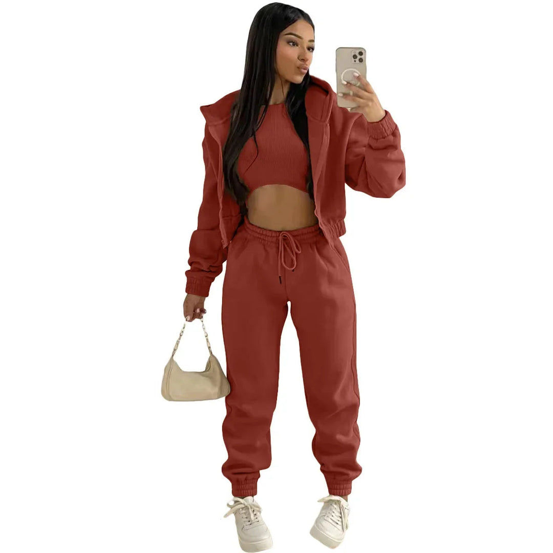 3pcs Womens Clothing Set Fleece-lined Hooded Sweater andSleeveless Tank Top and Sports Sweatpants Pants Image 11